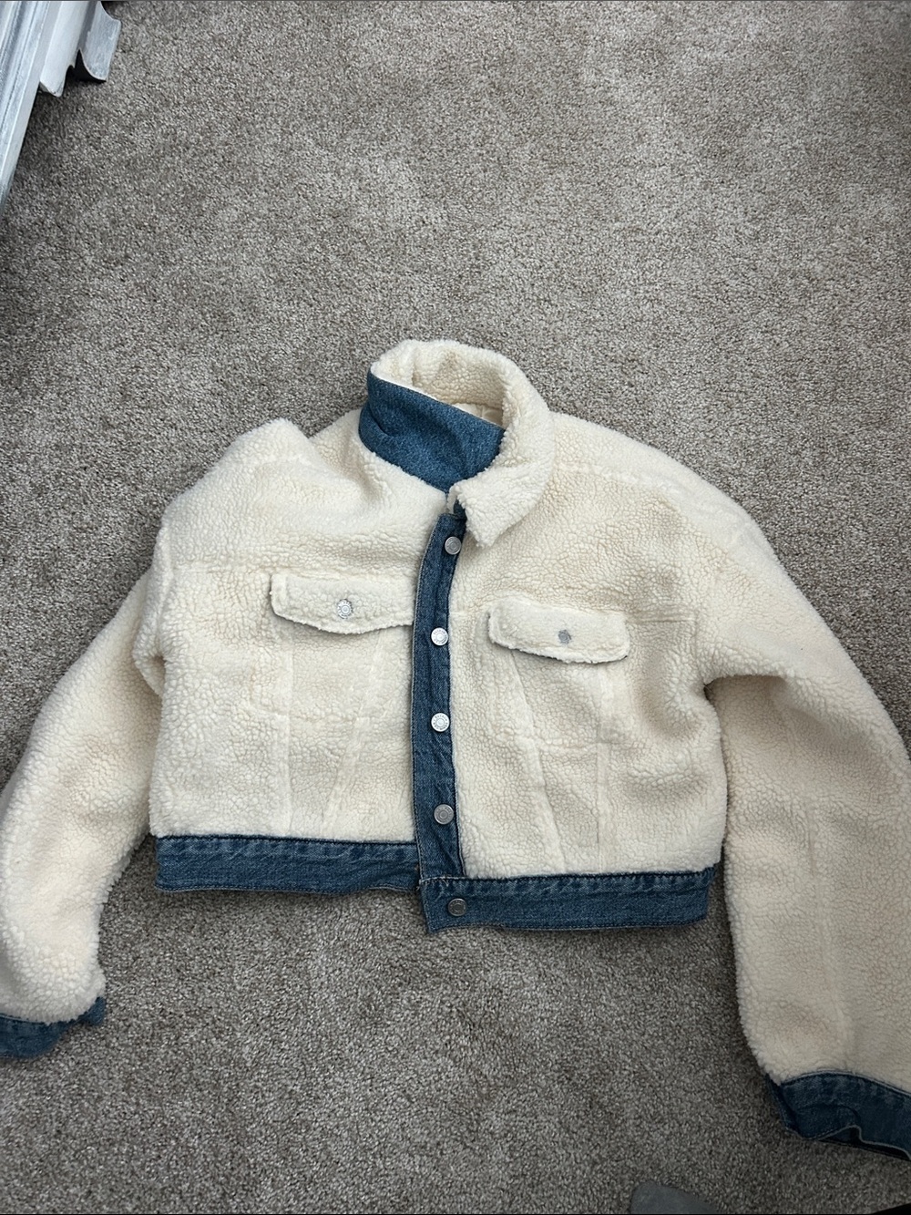 PacSun Cream Sherpa Jacket with Blue Denim Trim
